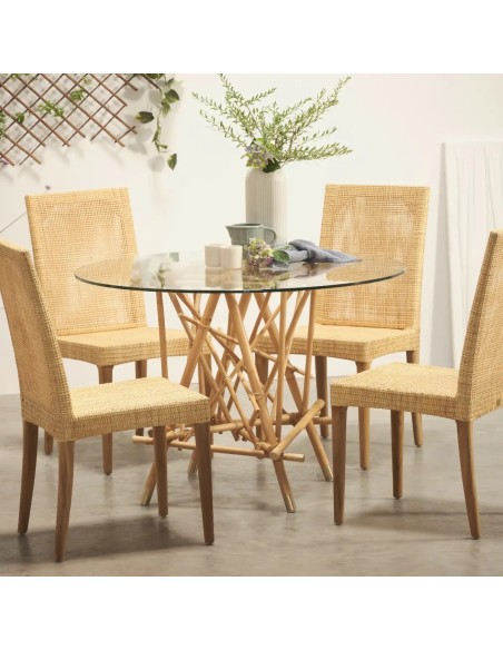 Table de repas ronde en rotin avec plateau de verre Mikado Table de repas ronde en rotin avec plateau de verre Mikado