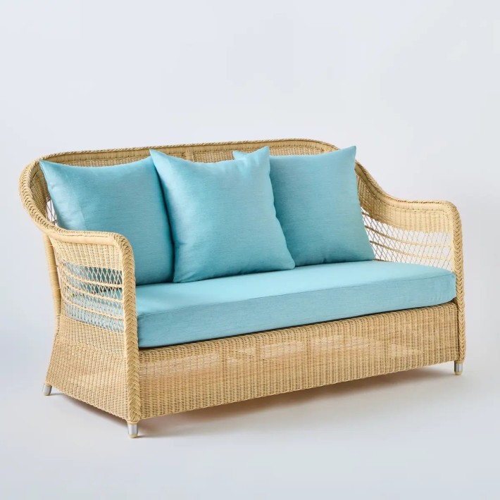 Natural Biarritz 2-seater sofa with aqua fabric