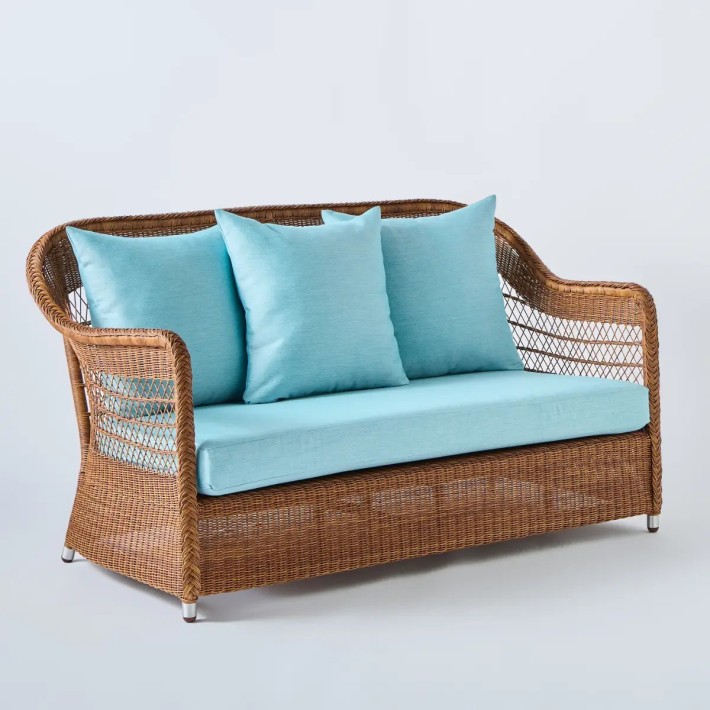 Canapé 2 places en résine pour l'extérieur Biarritz couleur châtaigne tissu aqua