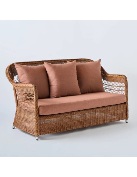 Canapé 2 places en résine pour l'extérieur Biarritz couleur châtaigne tissu terracotta