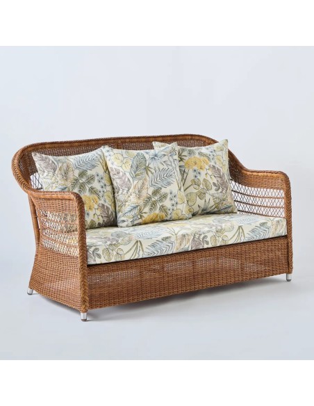 Canapé 2 places en résine pour l'extérieur Biarritz couleur châtaigne tissu bouquet beige