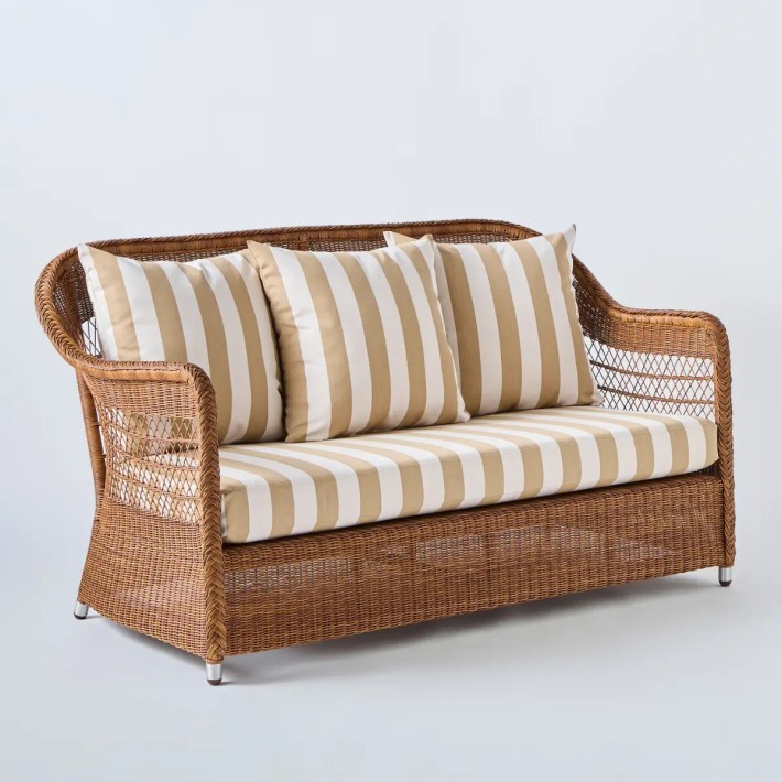2-seater outdoor resin sofa Biarritz chestnut colour fabric beige stripes