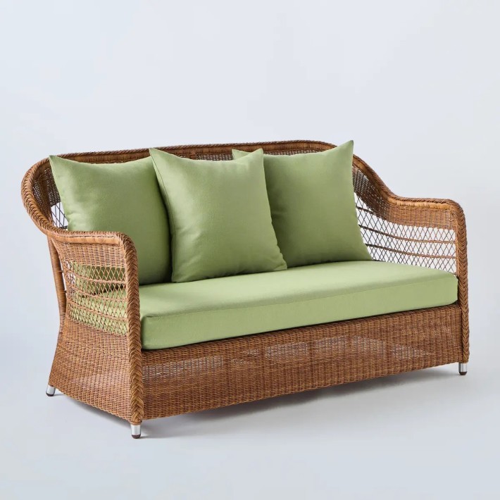 Canapé 2 places en résine pour l'extérieur Biarritz couleur châtaigne tissu vert