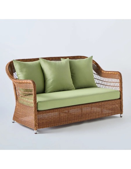 Canapé 2 places en résine pour l'extérieur Biarritz couleur châtaigne tissu vert