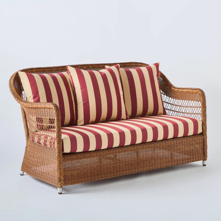 2-seater resin outdoor sofa Biarritz chestnut colour fabric burgundy stripes