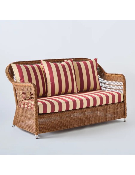 Canapé 2 places en résine pour l'extérieur Biarritz couleur châtaigne tissu rayures bordeaux