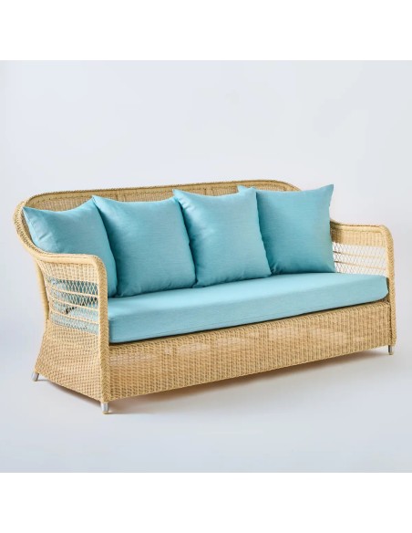 3 seater outdoor sofa Biarritz in natural resin colour aqua fabric