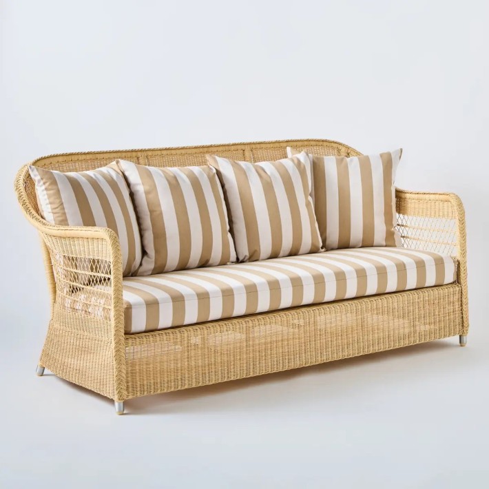 Canapé d'extérieur 3 places Biarritz en résine naturelle tissu rayures beige