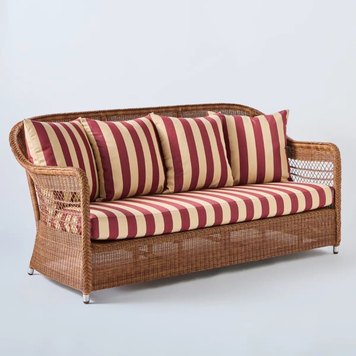 Outdoor resin sofa Biarritz chestnut fabric burgundy stripes