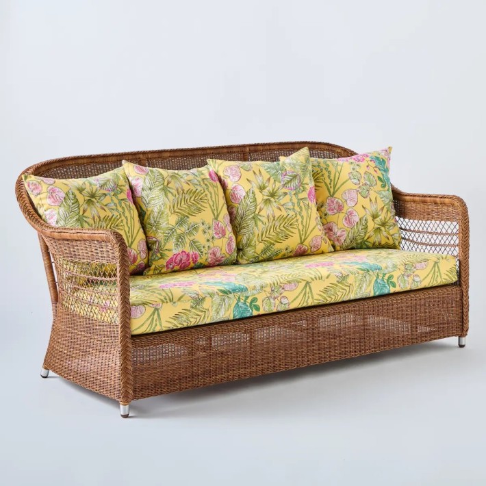 Outdoor sofa in Biarritz resin chestnut fabric bouquet yellow
