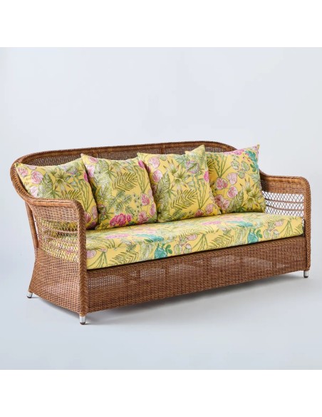 Outdoor sofa in Biarritz resin chestnut fabric bouquet yellow