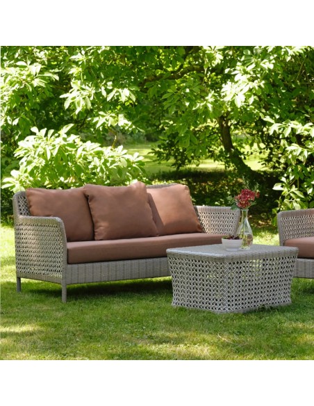 Ambiance canapé de jardin 2 places collection Antibes récif avec tissu terracotta