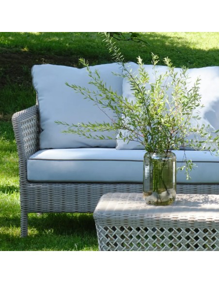 Detail of light grey fabric for 3-seater sofa cushion in woven resin from the Antibes Recif collection