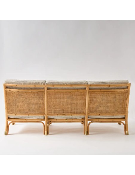 Back view 3 seater rattan sofa grey chenille fabric Back view 3 seater rattan sofa grey chenille fabric