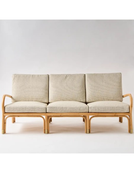 Front view 3-seater rattan sofa in grey chenille fabric Front view 3-seater rattan sofa in grey chenille fabric