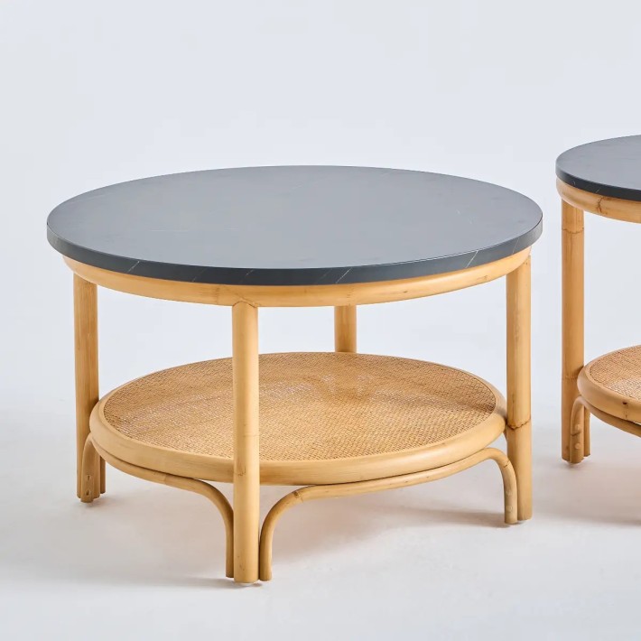 Table basse grand modèle rotin Riviera plateau effet marbre noir