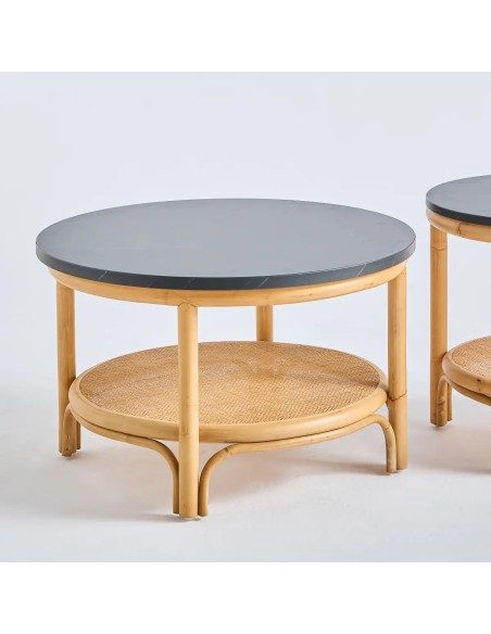 Large Riviera rattan coffee table with black marble-effect top