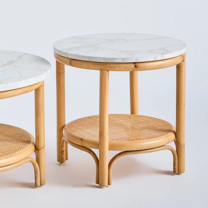 Detail of Riviera collection small rattan coffee table with white marble-effect laminate top