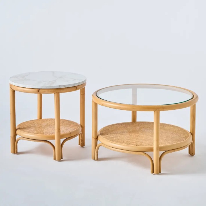 Duo small and large coffee tables in rattan with laminate and glass top Riviera collection