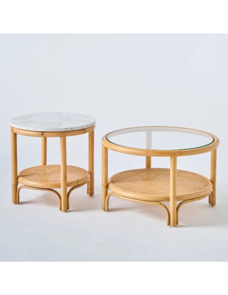 Duo petite et grande tables basses en rotin plateau stratifié et verre collection Riviera