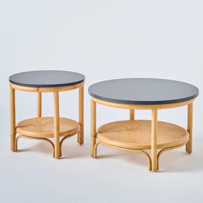 Duo petite et grande tables basses en rotin plateau stratifié effet marbre noir collection Riviera