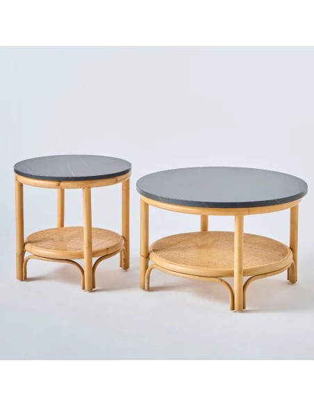 Duo small and large coffee tables in rattan with black marble-effect laminate top, Riviera collection