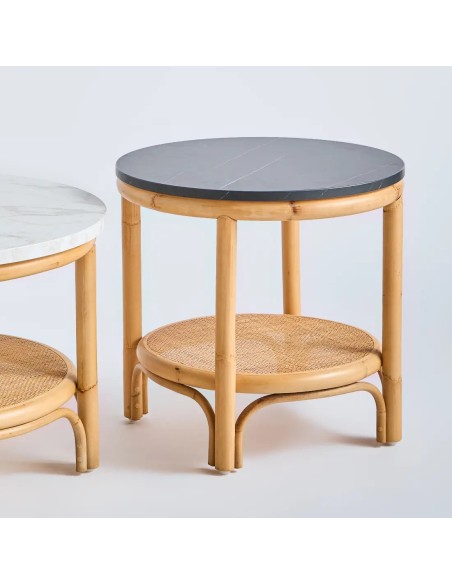 Detail of Riviera collection small rattan coffee table with black marble-effect laminate top