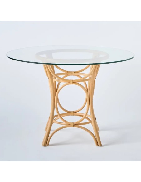 Vue de face table de repas ronde en rotin avec plateau en verre Gingko Vue de face table de repas ronde en rotin avec plateau en verre Gingko