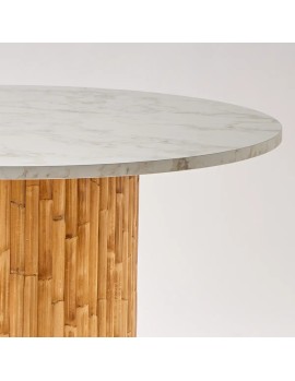 120 diameter round dining table in rattan with white marble-effect laminate top 2