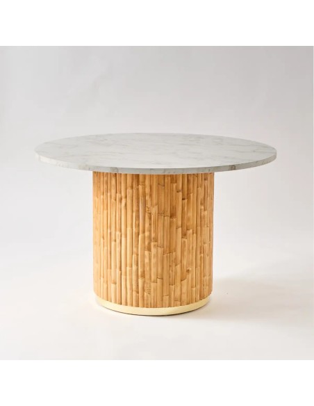 Table de repas ronde de diamètre 120 en rotin avec plateau stratifié effet marbre blanc