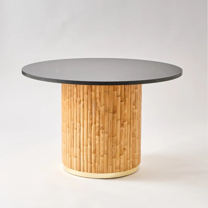 Table de repas ronde de diamètre 120 en rotin avec plateau stratifié effet marbre noir