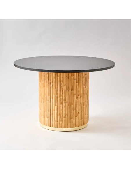 Table de repas ronde de diamètre 120 en rotin avec plateau stratifié effet marbre noir
