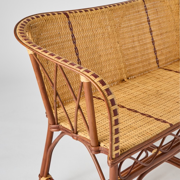 Detail of Bagatelle rattan bench seat armrest braiding