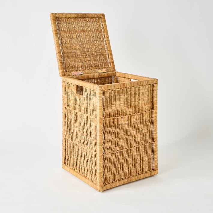 Open lid rectangular rattan laundry basket from Kok Maison, vintage workshop archive