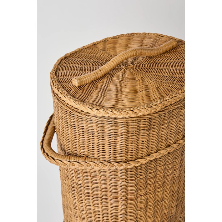 Top view of rattan lid on vintage KOK home laundry basket