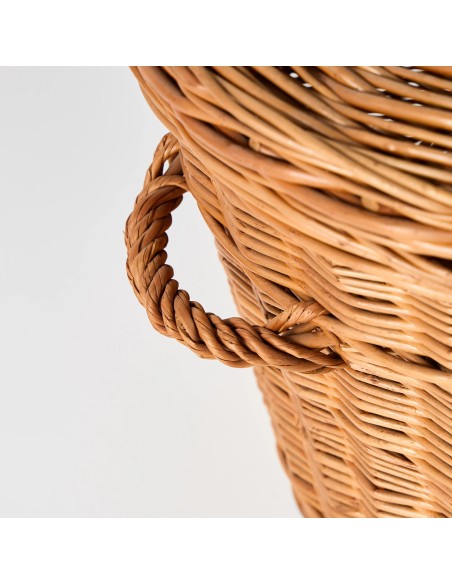 Détail tressage anse en osier panier de rangement avec couvercle pièce unique vintage