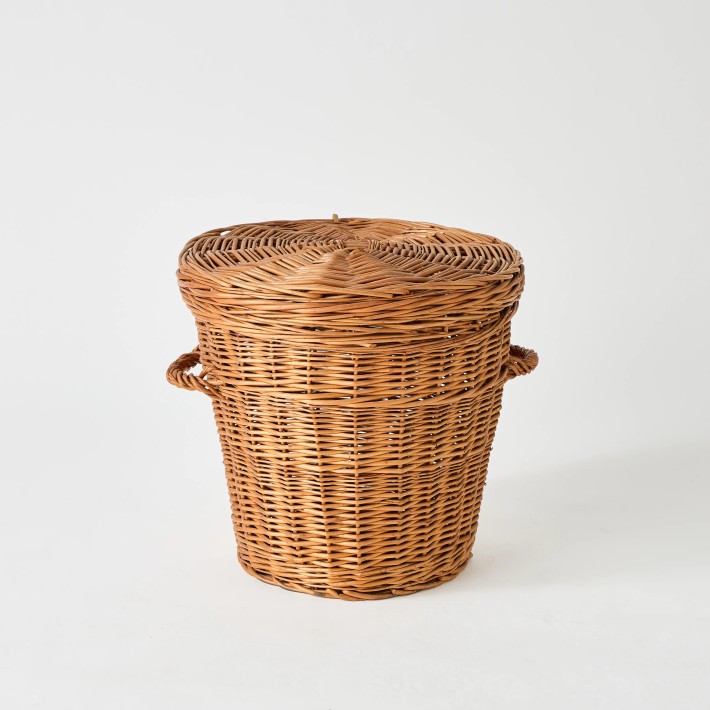 Panier de rangement rond en osier avec couvercle pièce unique vintage