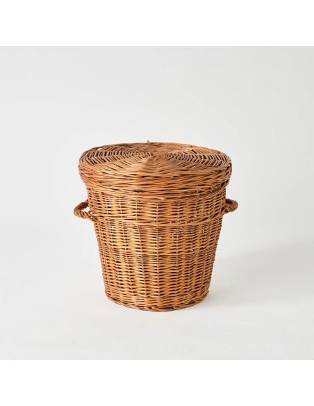 Round wicker storage basket with lid, unique vintage piece