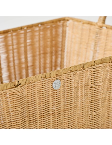 Close-up detail of weaving and logo  kok maison laundry basket unique vintage piece
