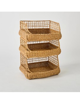 Set de 3 paniers empilables pur rangement bureau ou cuisine en rotin sur armature métallique, pièce unique kok maison