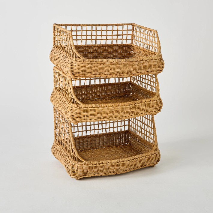 Set of 3 stackable baskets for office or kitchen storage, made of rattan on a metal frame, unique piece from Kok Maison