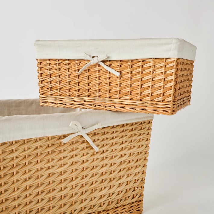 Detail of rattan baskets with fabric covers, set of 2 unique pieces, KOK MAISON