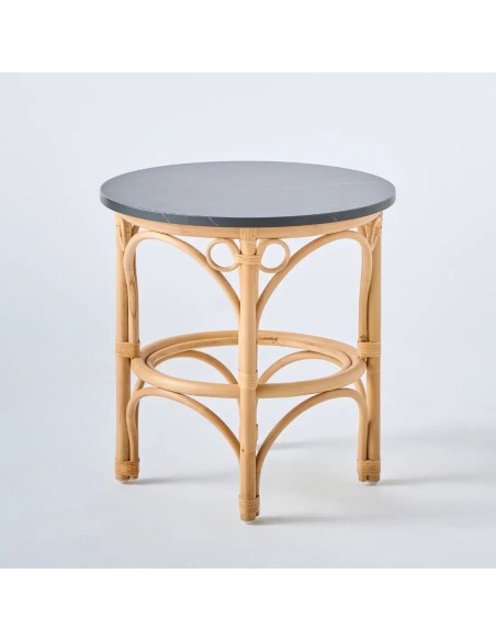 Small rattan cane coffee table from the Gingko collection with black marble-effect laminate top