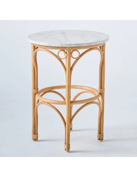 GINGKO coffee table in rattan cane, large model with white marble-effect laminate top
