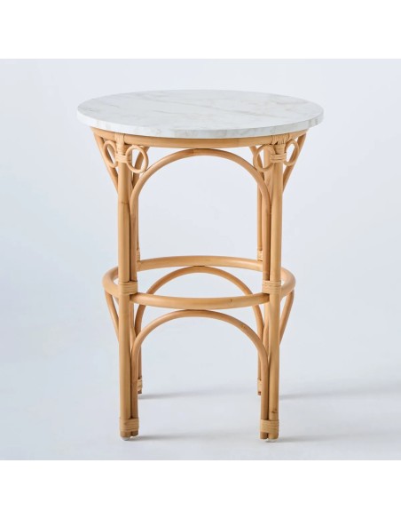 table basse grand modèle diamètre 50 centimètres en canne de rotin collection Gingko plateau effet marbre blanc