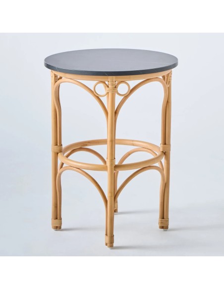 Table basse grand modèle en canne de rotin plateau stratifié effet marbre noir collection GINGKO