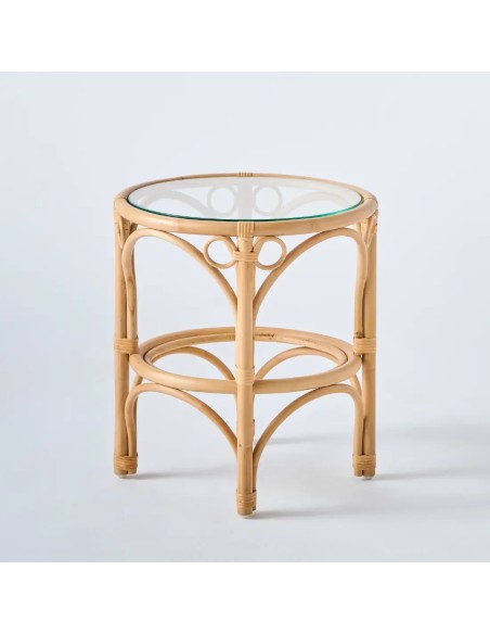 Table basse petit modèle en canne de rotin collection gingko avec plateau en verre