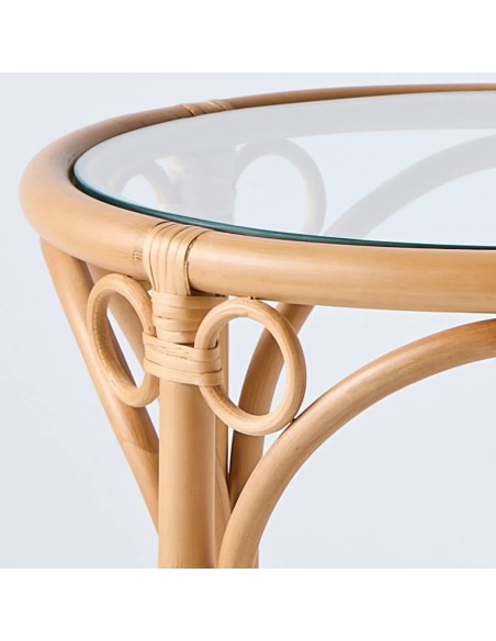 Zoom plateau en verre et courbure du rotin table basse GINGKO