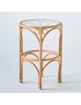 Grande table basse GINGKO en rotin naturelle avec plateau en verre