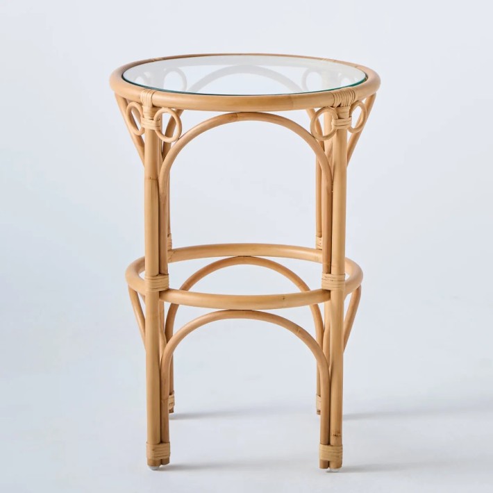 Front view of GINGKO natural rattan coffee table with glass top at KOK MAISON